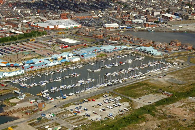 Aerial view of boats on the pontoons at Fleetwood marina